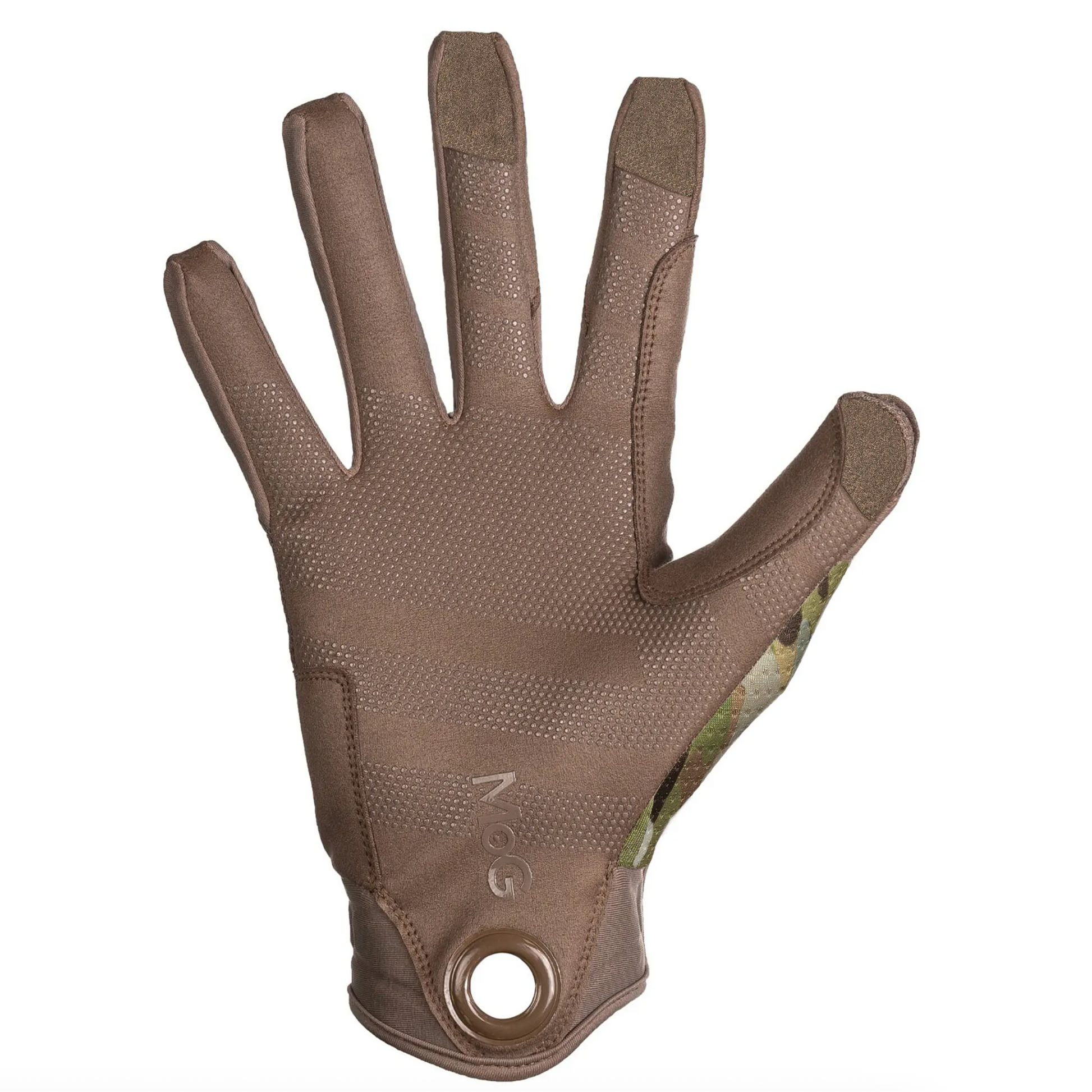 A single tactical glove shown flat against a white background, featuring a brown textured palm and fingers with a subtle camouflage pattern on the back and wrist.