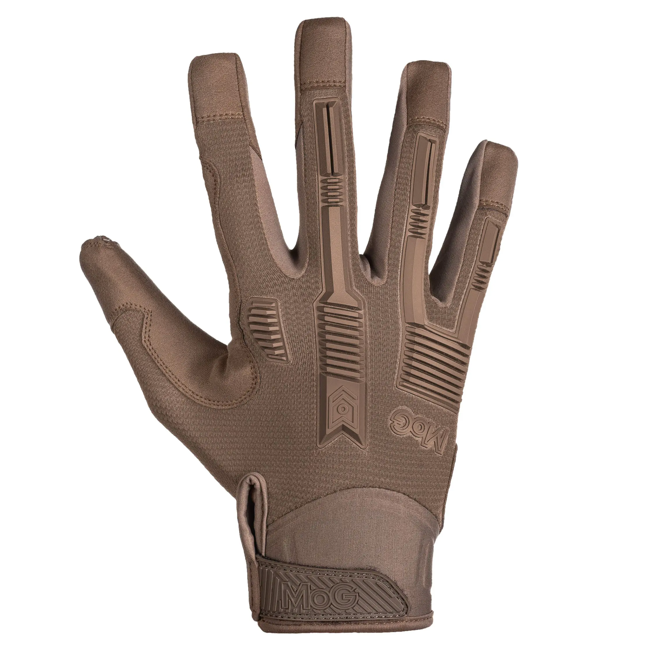 A single tactical glove in a solid coyote brown color, shown from the back with fingers extended against a plain white background.