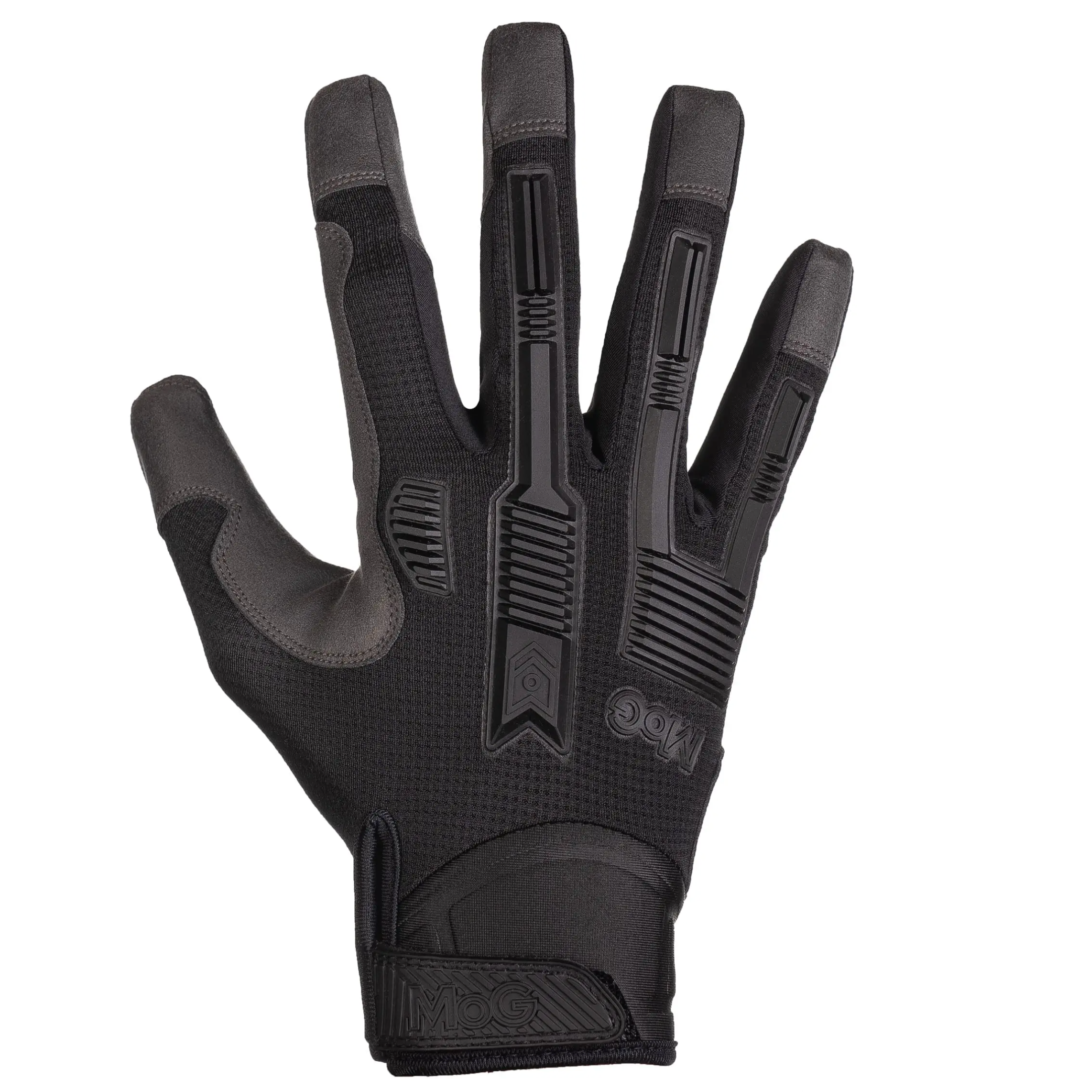 Black tactical glove with text on a white background