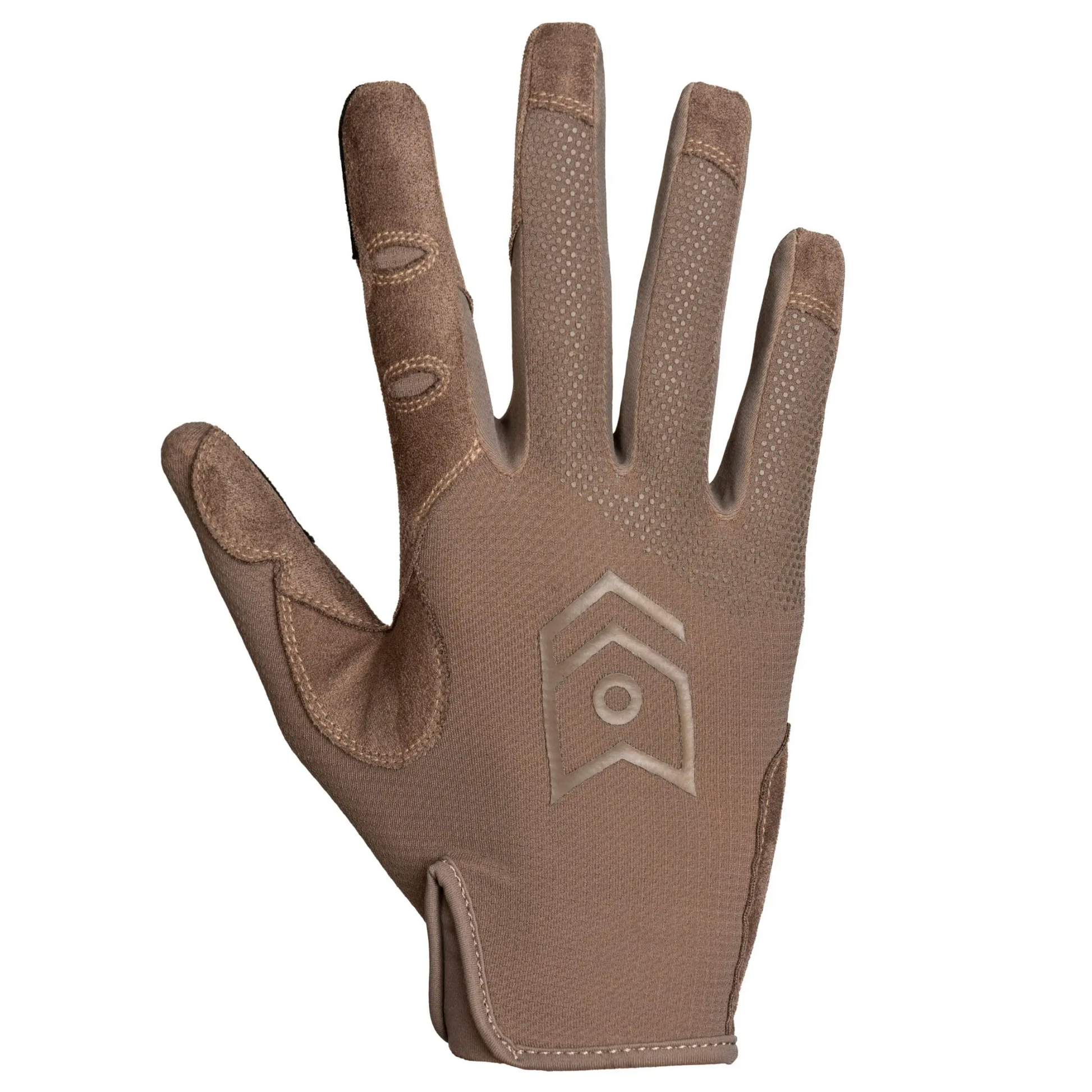 A single tan tactical glove with textured grip panels on the fingers and a silver geometric logo on the back of the hand, shown against a plain white background.