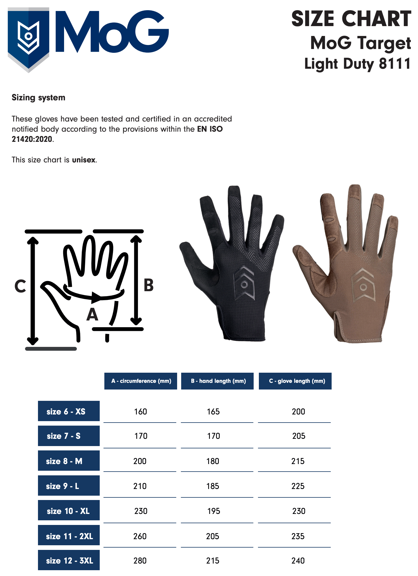 MoG Target Size Chart for Light Duty 8111 gloves, showing hand measurement diagrams, two glove color options (black and brown), and a sizing table with sizes and measurements.