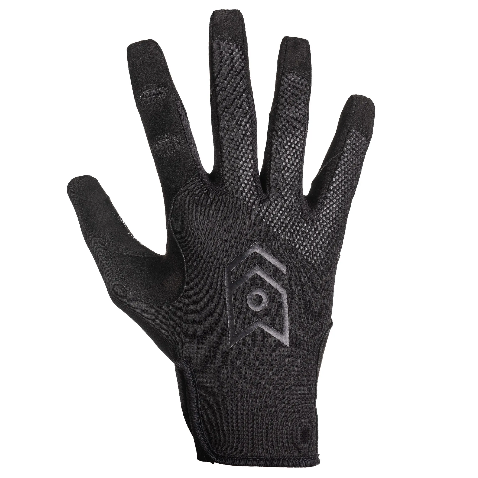 Black glove with a brand logo on a light gray background