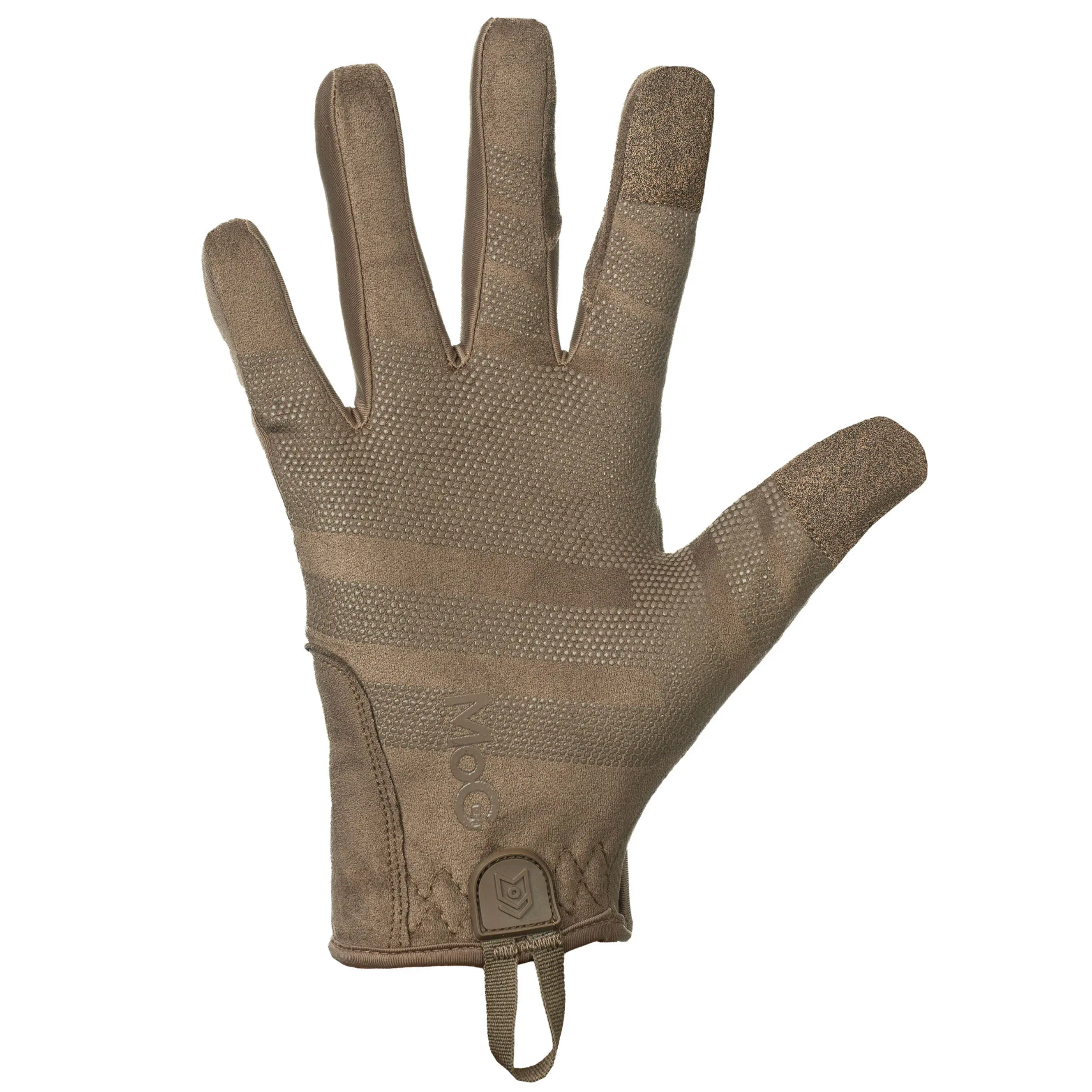 A single tactical glove in coyote brown, shown flat against a solid white background. The glove features textured grip panels on the fingers and palm, and a buttoned wrist closure.