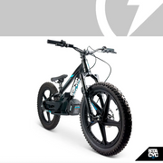 A black electric mountain bike with fat tires and a visible battery pack, photographed on a clean white studio background with a gray graphic banner at the top and an STACYC logo in the bottom right corner.