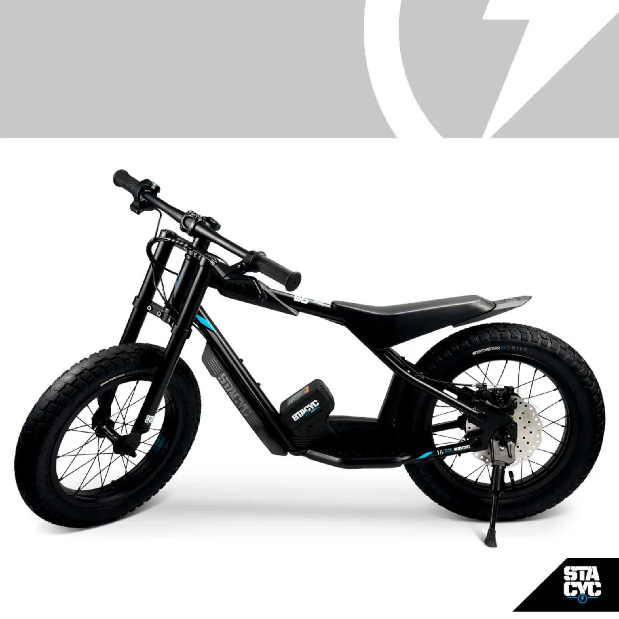 Black electric bike on a white background with a visible brand logo.