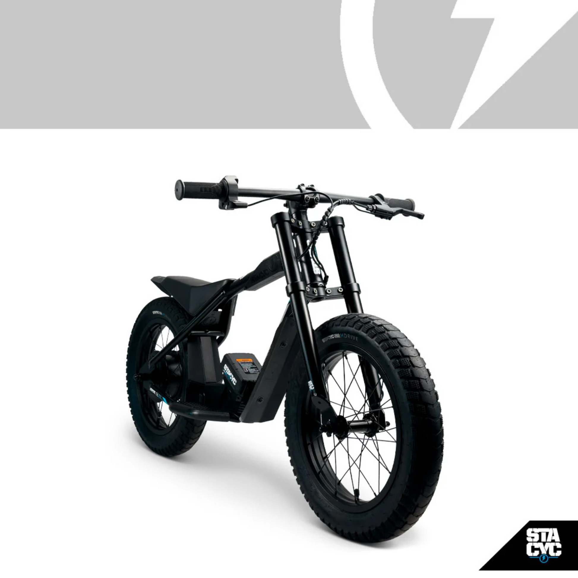Black electric bike on a white background with a visible brand logo.