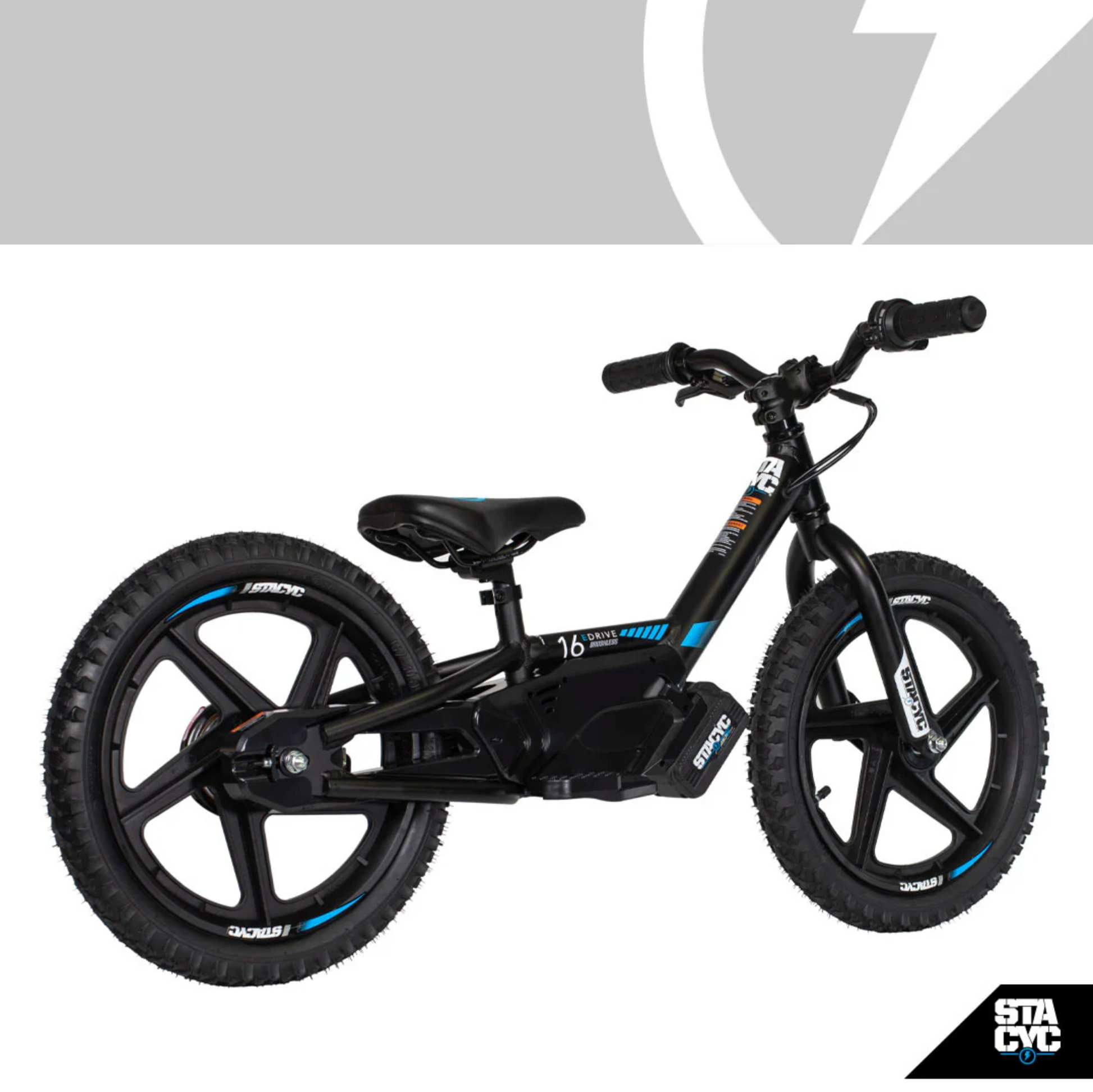 Black balance bike with blue accents on a white background