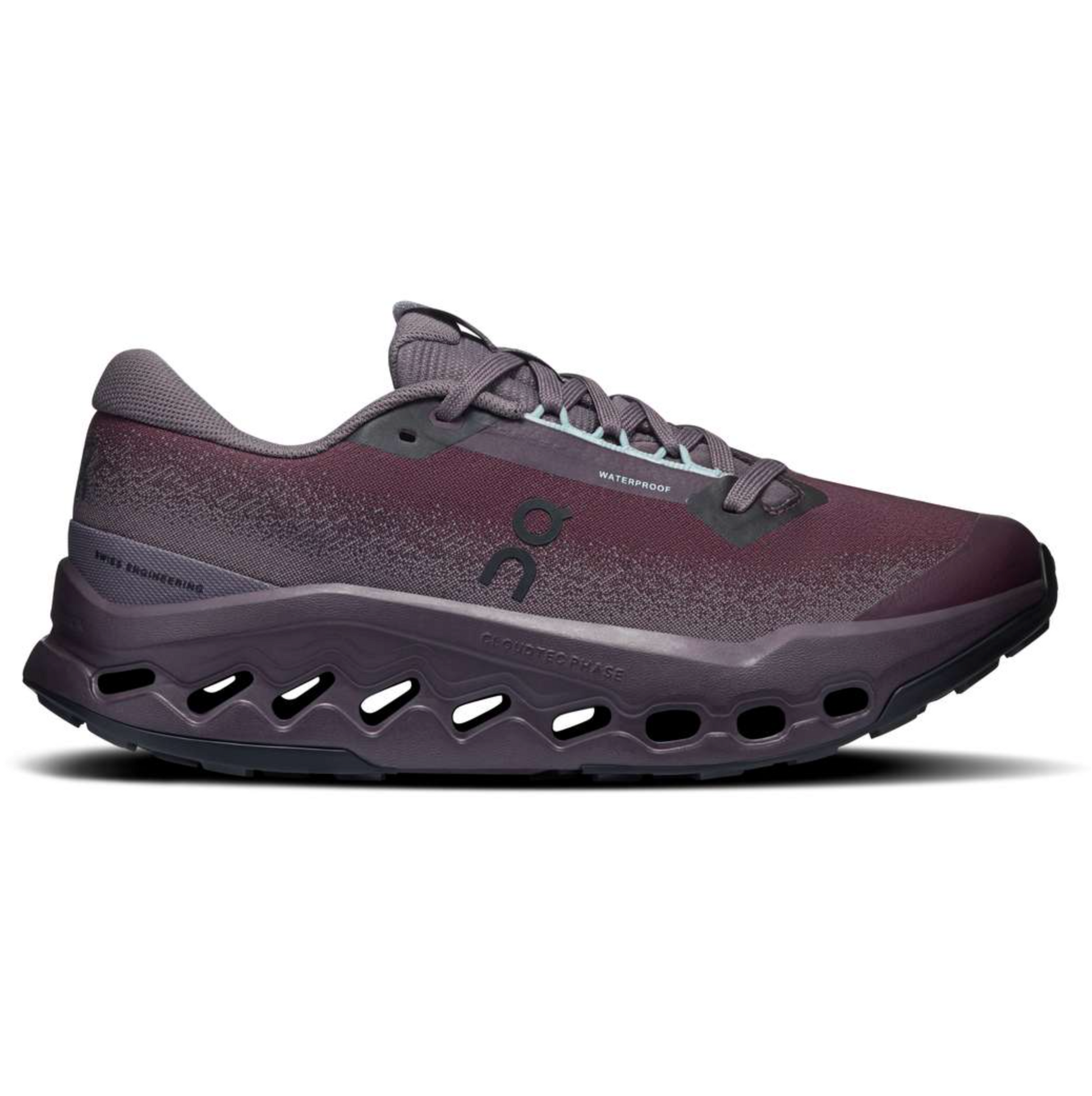 A single On running shoe in a dark plum and charcoal gray colorway, shown from a side profile on a white background.