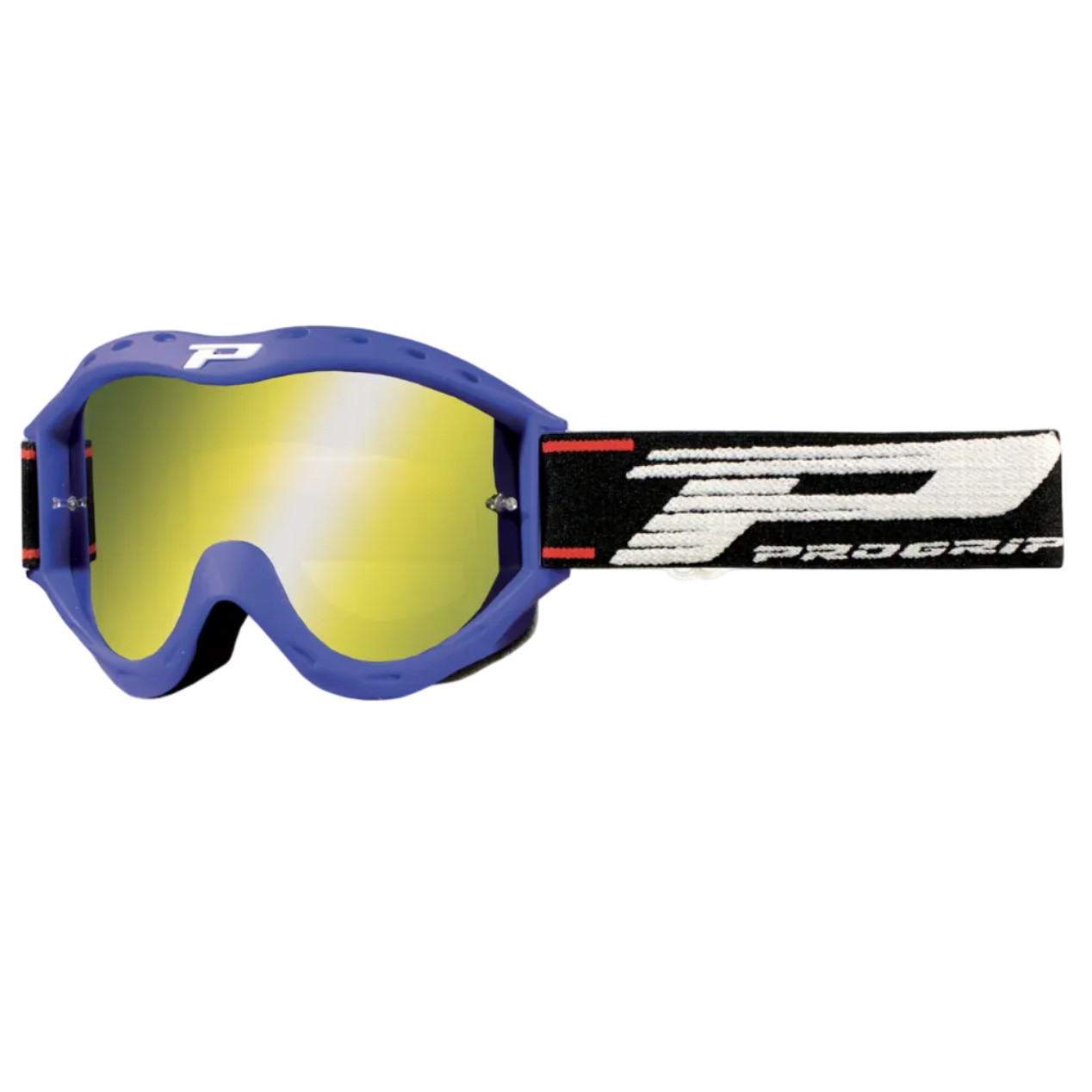 Blue ProGrit MOTOCROSS goggles with a yellow mirrored lens and a black and white patterned strap.