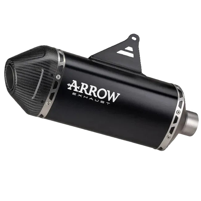 Black motorcycle exhaust with 'Arrow Exhaust' branding on a white background