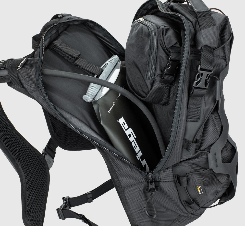 Black backpack with multiple compartments and a visible brand logo on a light gray background