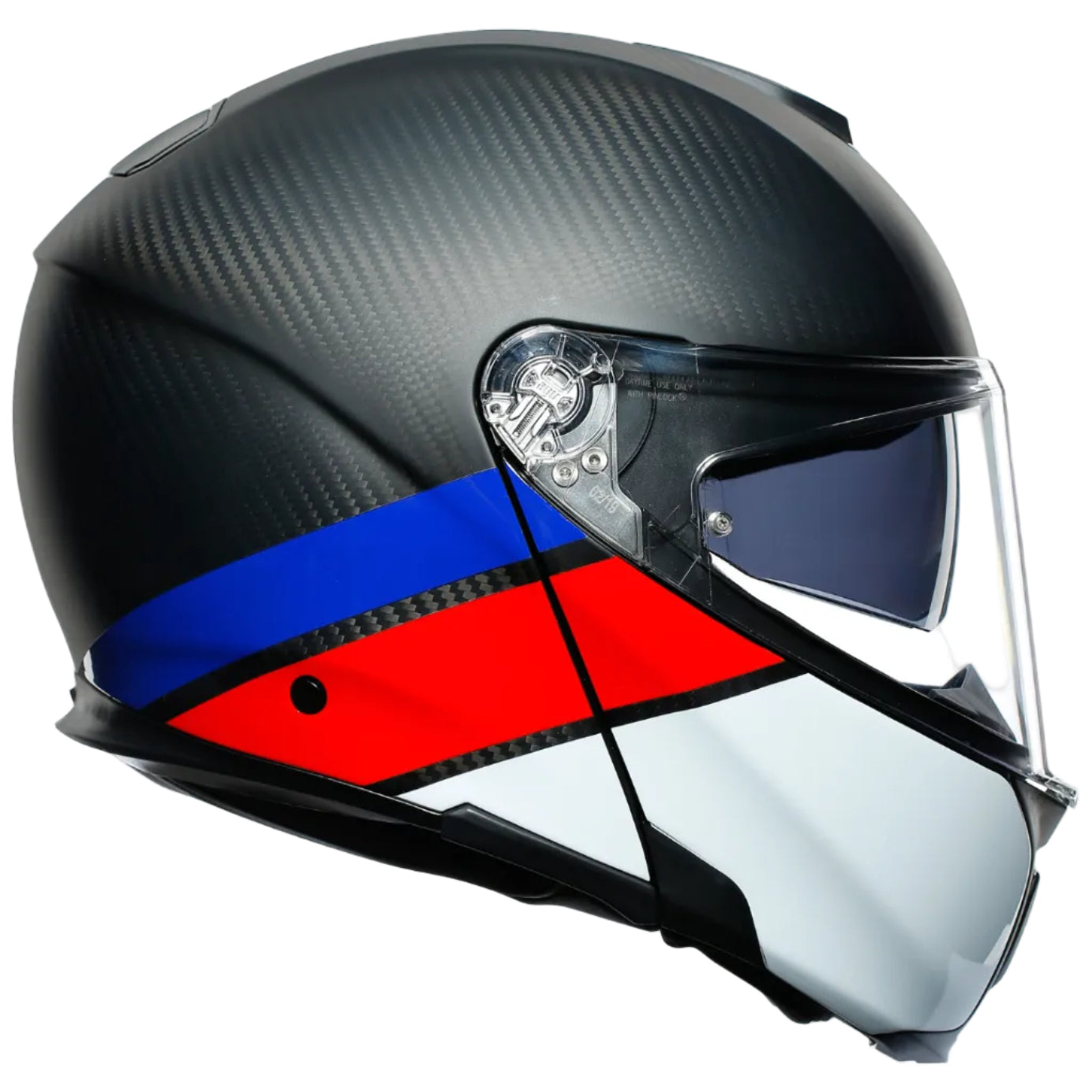 A full-face motorcycle helmet with a black carbon fiber pattern, featuring a blue and red diagonal stripe design on the lower half and a clear visor.